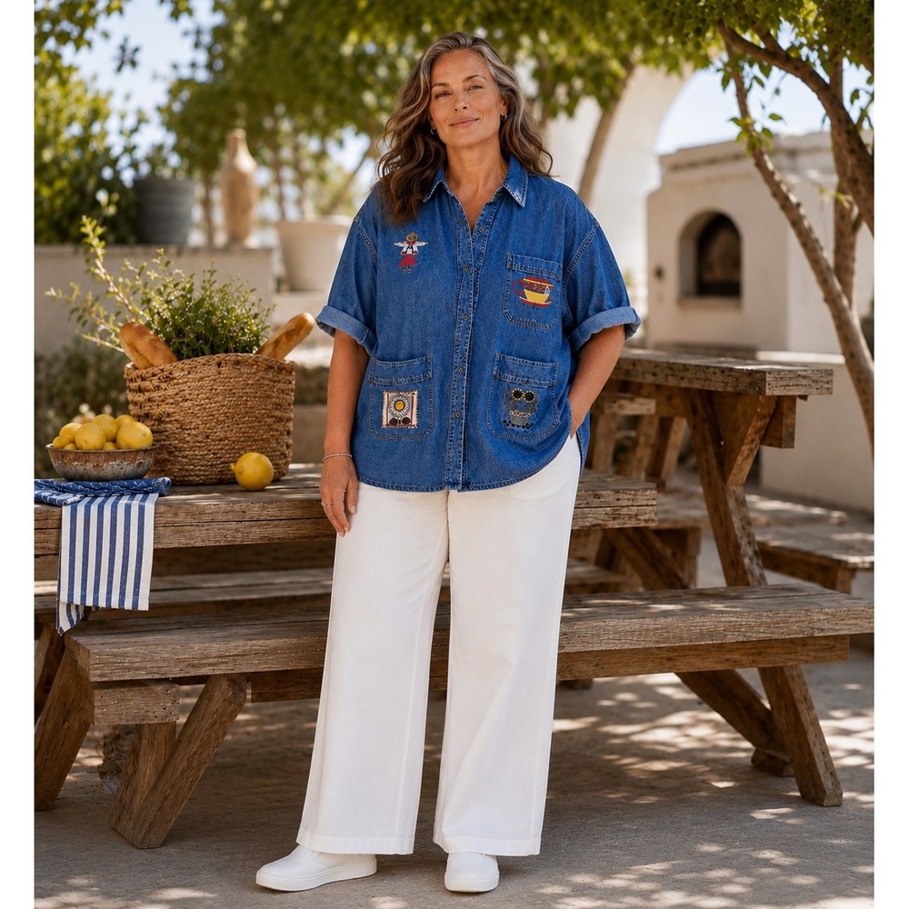 Route 66 Women's Chore‎ Utility Denim Short Sleeve Embroider Applique Garden XXL